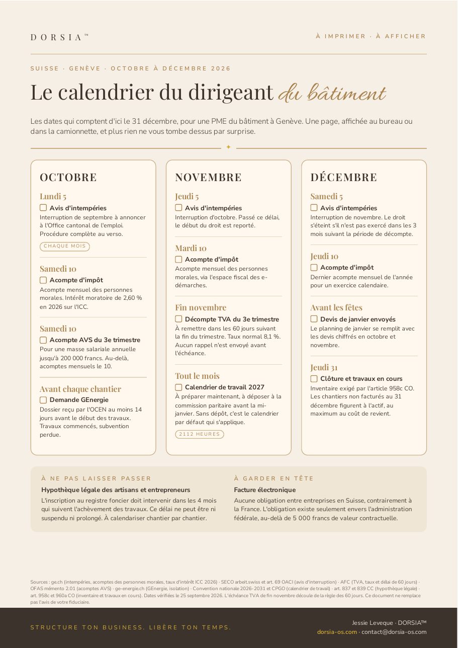Aperçu du calendrier du dirigeant du bâtiment, Genève, octobre à décembre 2026
